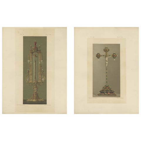 Pair Bavarian Royal Chapel Liturgical Objects Chromolithographs, Munich 1874