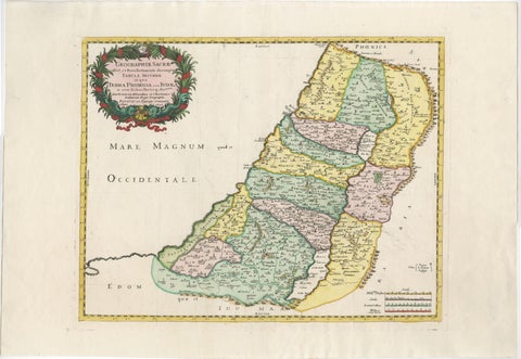 Holy Land Map of the Twelve Tribes of Israel, Sanson, Hand Colored, 1696